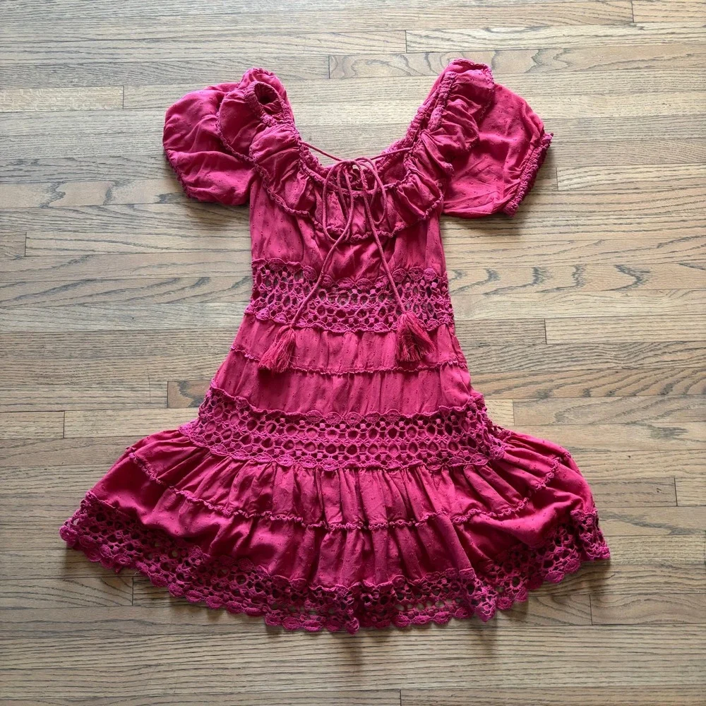 Free People Cruel Intentions Mini Dress Raspberry Peasant Ruffle Boho Womens 4 - Picture 3 of 8